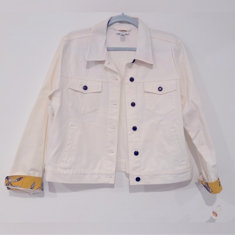 Talbots White Denim Jacket Floral Cuff Detail Cotton Jean Jacket Classic Spring